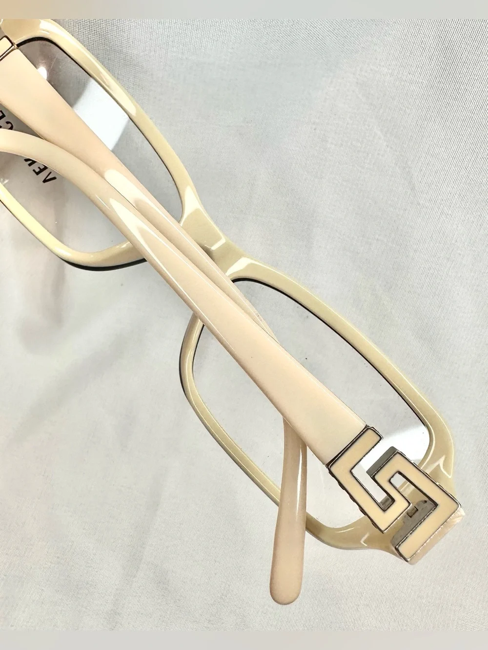 VERSACE Vintage Cream and Bkack Square Frame Glasses with Geometric Accent